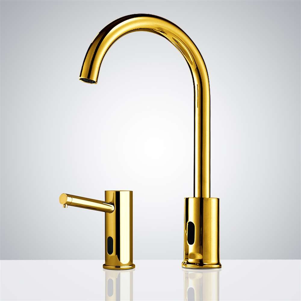 Fontana Gooseneck Dual Commercial Automatic Sensor Gold Faucet and Soap Dispenser