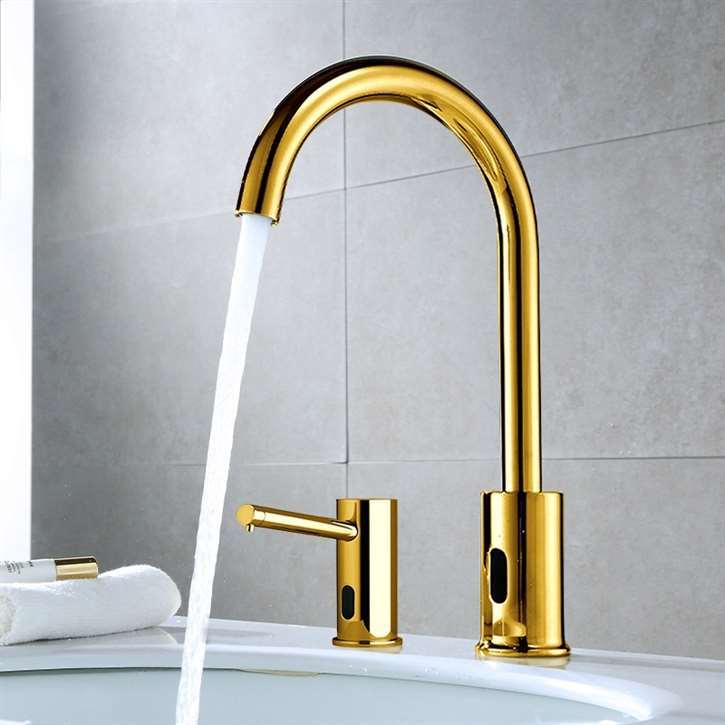 Fontana Gooseneck Dual Commercial Automatic Sensor Gold Faucet and Soap Dispenser