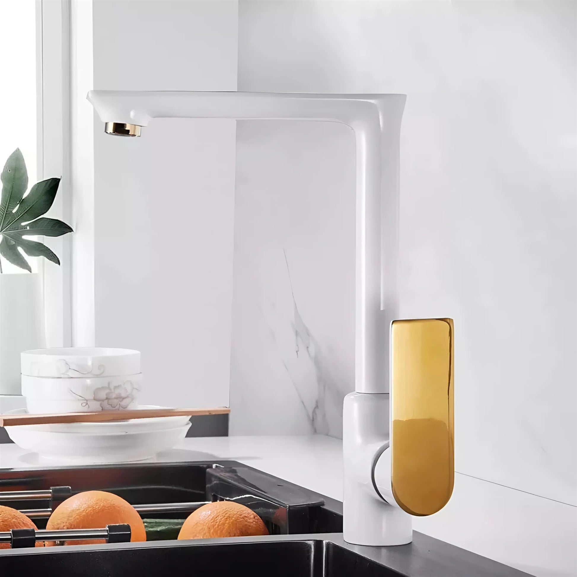 Fontana Huelva Water Mixer Crane Deck Mounted White Gold Faucet