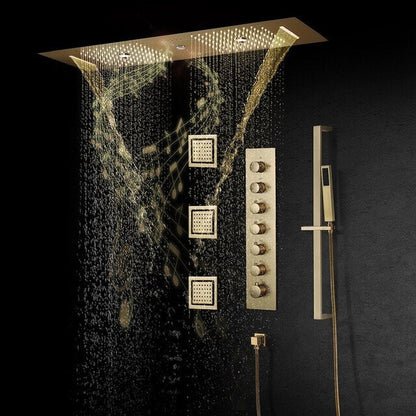 Fontana Latina Creative Luxury Brushed Gold Recessed Ceiling Mounted LED Musical & Touch Panel Controlled Thermostatic Waterfall, Rainfall, Water Column & Mist Shower System With 3-Jet Body Sprays and Hand Shower