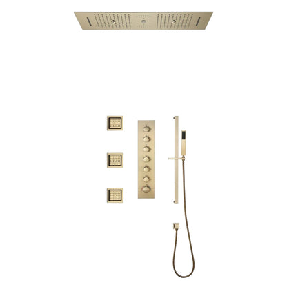 Fontana Latina Creative Luxury Brushed Gold Recessed Ceiling Mounted LED Musical & Touch Panel Controlled Thermostatic Waterfall, Rainfall, Water Column & Mist Shower System With 3-Jet Body Sprays and Hand Shower