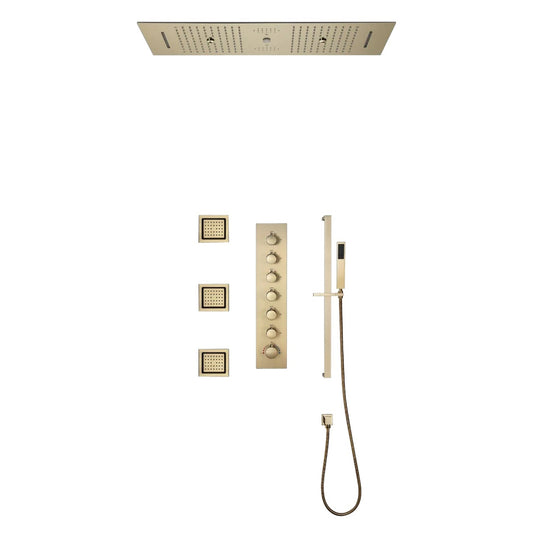 Fontana Latina Creative Luxury Brushed Gold Recessed Ceiling Mounted LED Musical & Touch Panel Controlled Thermostatic Waterfall, Rainfall, Water Column & Mist Shower System With 3-Jet Body Sprays and Hand Shower
