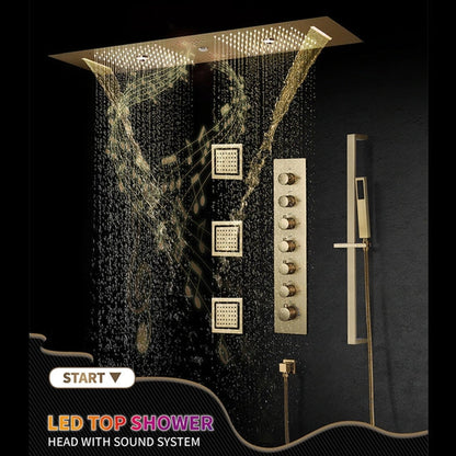 Fontana Latina Creative Luxury Brushed Gold Recessed Ceiling Mounted LED Musical & Touch Panel Controlled Thermostatic Waterfall, Rainfall, Water Column & Mist Shower System With 3-Jet Body Sprays and Hand Shower