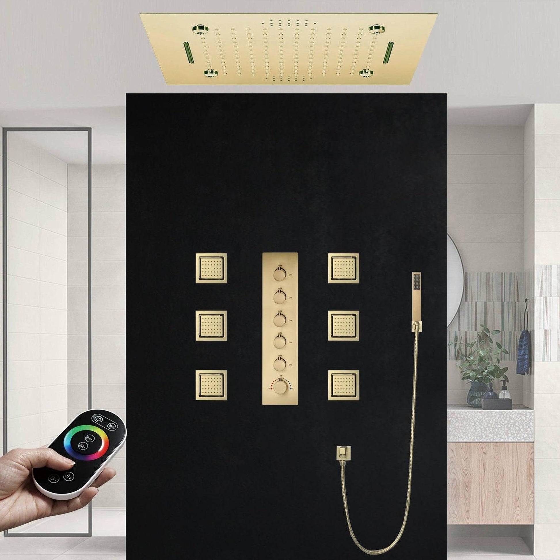 Fontana Latina Creative Luxury Brushed Gold Recessed Ceiling Mounted LED Musical & Touch Panel Controlled Thermostatic Waterfall, Rainfall, Water Column & Mist Shower System With 3-Jet Body Sprays and Hand Shower