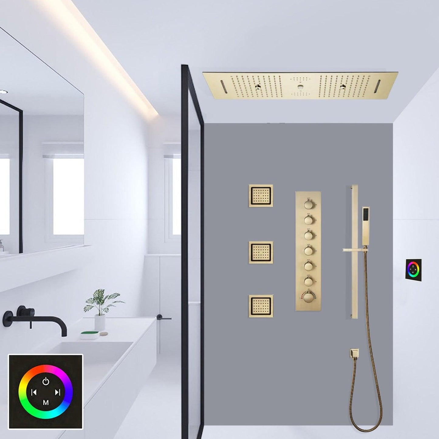 Fontana Latina Creative Luxury Brushed Gold Recessed Ceiling Mounted LED Musical & Touch Panel Controlled Thermostatic Waterfall, Rainfall, Water Column & Mist Shower System With 3-Jet Body Sprays and Hand Shower