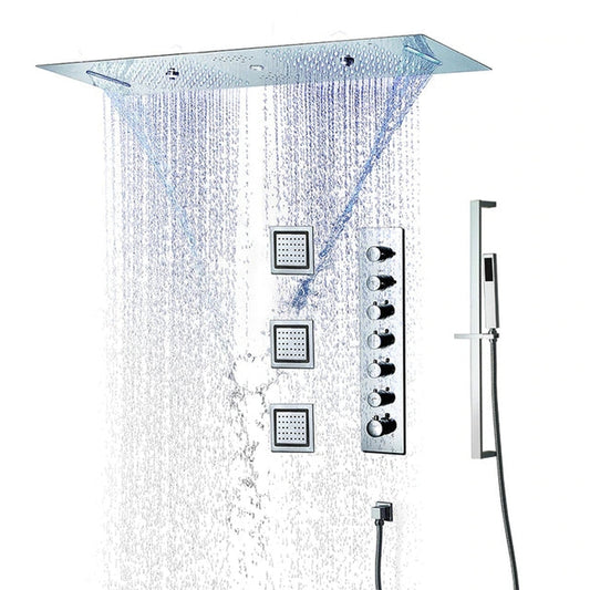 Fontana Latina Creative Luxury Chrome Recessed Ceiling Mounted LED Musical & Touch Panel Controlled Thermostatic Waterfall, Rainfall, Water Column & Mist Shower System With 3-Jet Body Sprays and Hand Shower