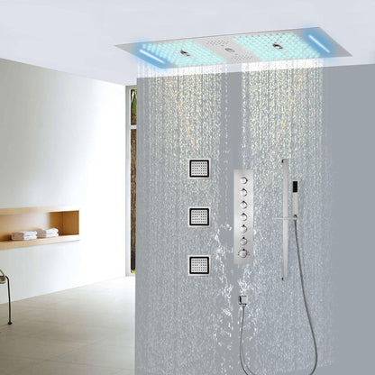 Fontana Latina Creative Luxury Chrome Recessed Ceiling Mounted LED Musical & Touch Panel Controlled Thermostatic Waterfall, Rainfall, Water Column & Mist Shower System With 3-Jet Body Sprays and Hand Shower