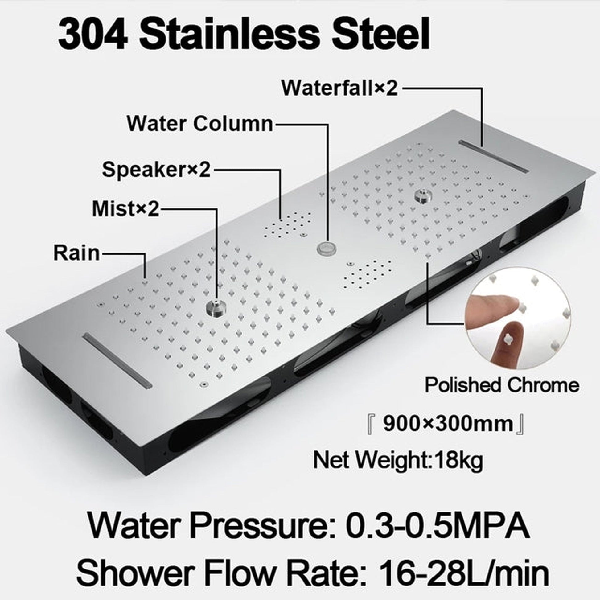 Fontana Latina Creative Luxury Chrome Recessed Ceiling Mounted LED Musical & Touch Panel Controlled Thermostatic Waterfall, Rainfall, Water Column & Mist Shower System With 3-Jet Body Sprays and Hand Shower