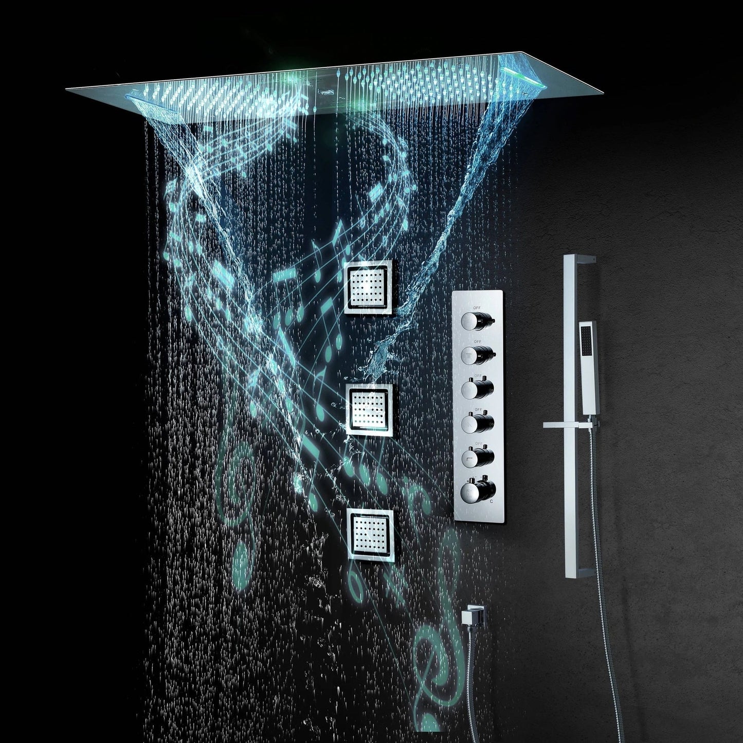 Fontana Latina Creative Luxury Chrome Recessed Ceiling Mounted LED Musical & Touch Panel Controlled Thermostatic Waterfall, Rainfall, Water Column & Mist Shower System With 3-Jet Body Sprays and Hand Shower