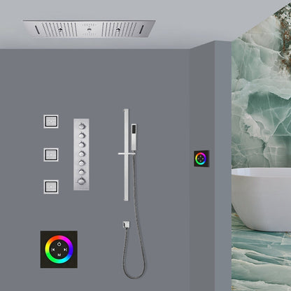 Fontana Latina Creative Luxury Chrome Recessed Ceiling Mounted LED Musical & Touch Panel Controlled Thermostatic Waterfall, Rainfall, Water Column & Mist Shower System With 3-Jet Body Sprays and Hand Shower