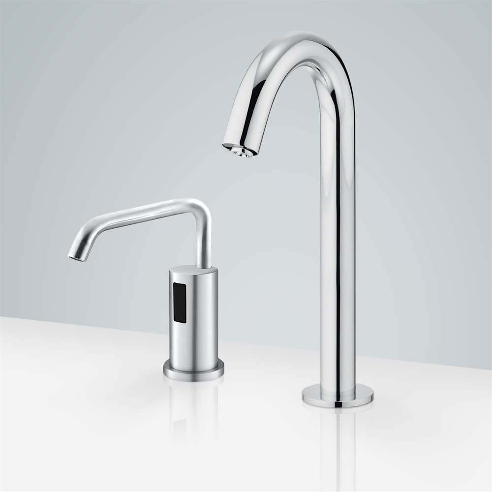 Fontana Le Havre Long Neck Commercial Motion Sensor Chrome Faucet With Automatic Deck Mount Liquid Foam Soap Dispenser