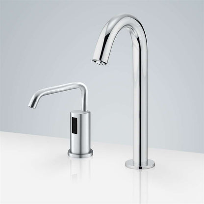 Fontana Le Havre Long Neck Commercial Motion Sensor Chrome Faucet With Automatic Deck Mount Liquid Foam Soap Dispenser