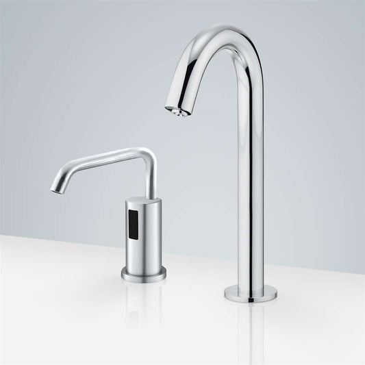 Fontana Le Havre Long Neck Commercial Motion Sensor Chrome Faucet With Automatic Deck Mount Liquid Foam Soap Dispenser