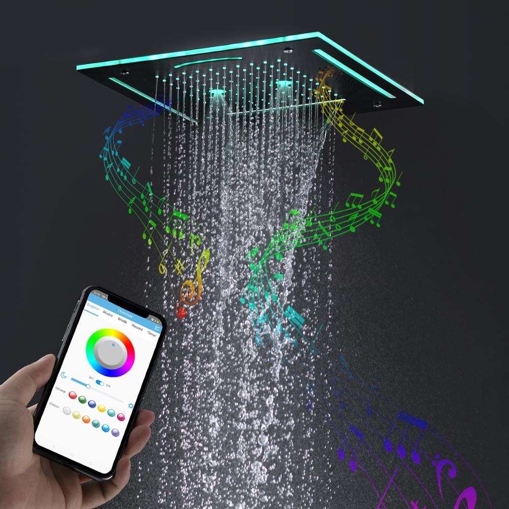 Fontana Marseille 16" LED Music Phone Controlled Matte Black Stainless Steel Square Waterfall Shower Head