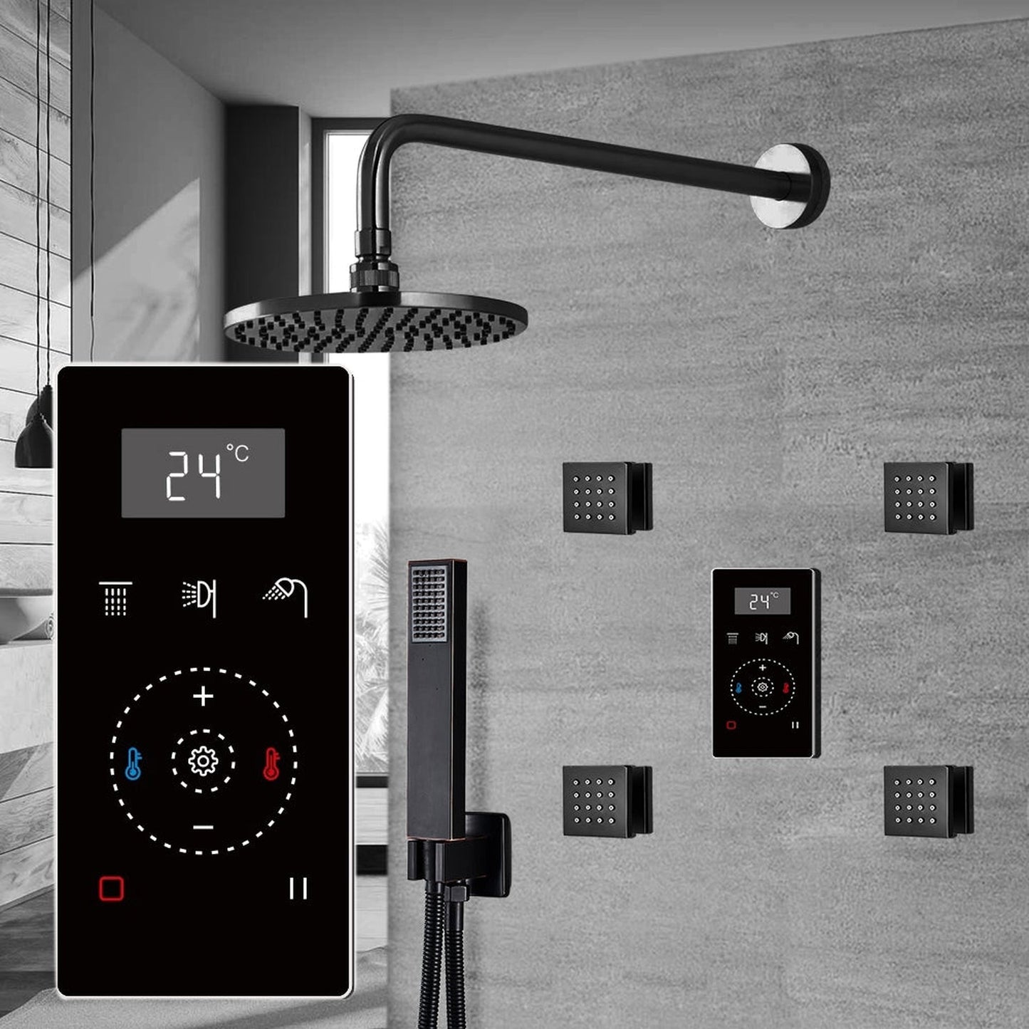 Fontana Matte Black Round Wall-Mounted Automatic Thermostatic Shower With Black Digital Touch Screen Shower Mixer Display 3-Function Rainfall Shower Set With Hand Shower and 4-Jet Body Sprays