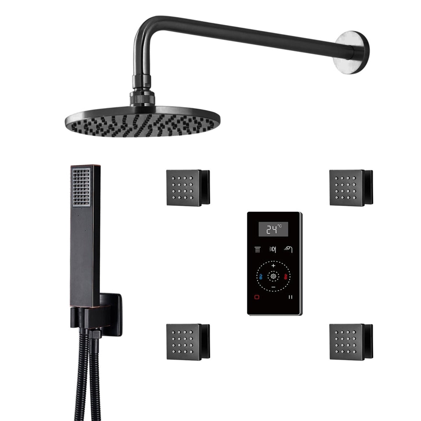 Fontana Matte Black Round Wall-Mounted Automatic Thermostatic Shower With Black Digital Touch Screen Shower Mixer Display 3-Function Rainfall Shower Set With Hand Shower and 4-Jet Body Sprays