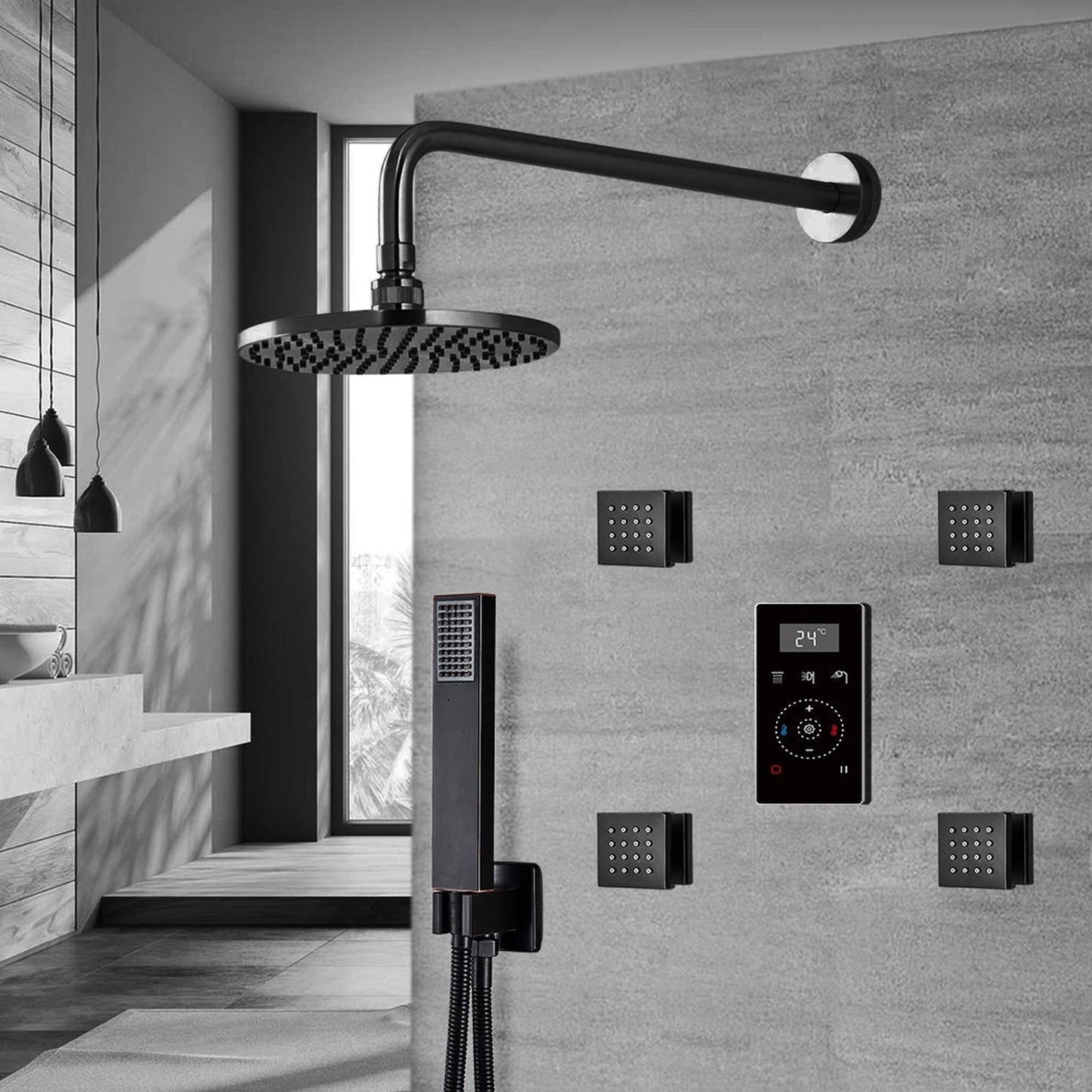 Fontana Matte Black Round Wall-Mounted Automatic Thermostatic Shower With Black Digital Touch Screen Shower Mixer Display 3-Function Rainfall Shower Set With Hand Shower and 4-Jet Body Sprays