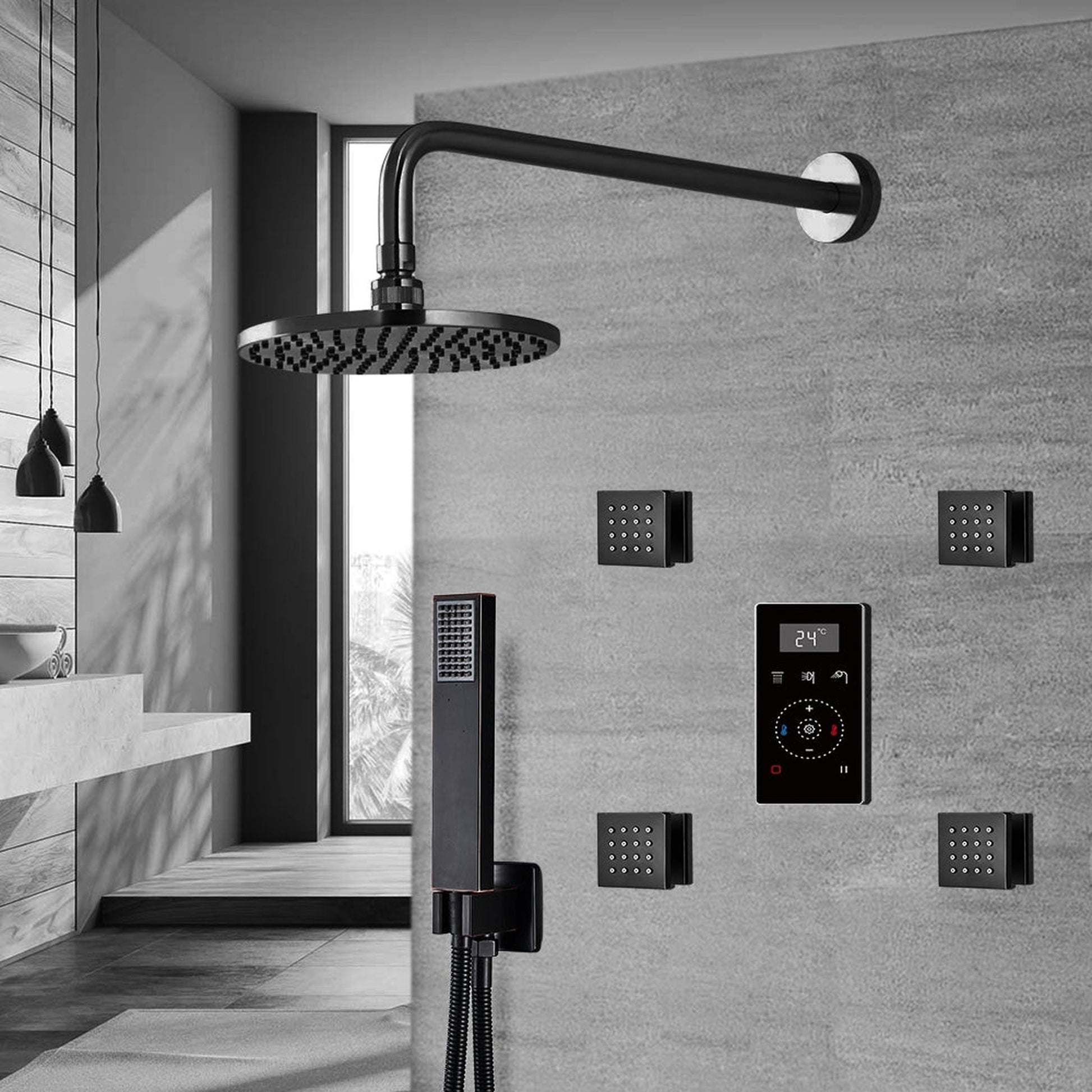 Fontana Matte Black Round Wall-Mounted Automatic Thermostatic Shower With Black Digital Touch Screen Shower Mixer Display 3-Function Rainfall Shower Set With Hand Shower and 4-Jet Body Sprays