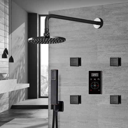 Fontana Matte Black Round Wall-Mounted Automatic Thermostatic Shower With Black Digital Touch Screen Shower Mixer Display 3-Function Rainfall Shower Set With Hand Shower and 4-Jet Body Sprays