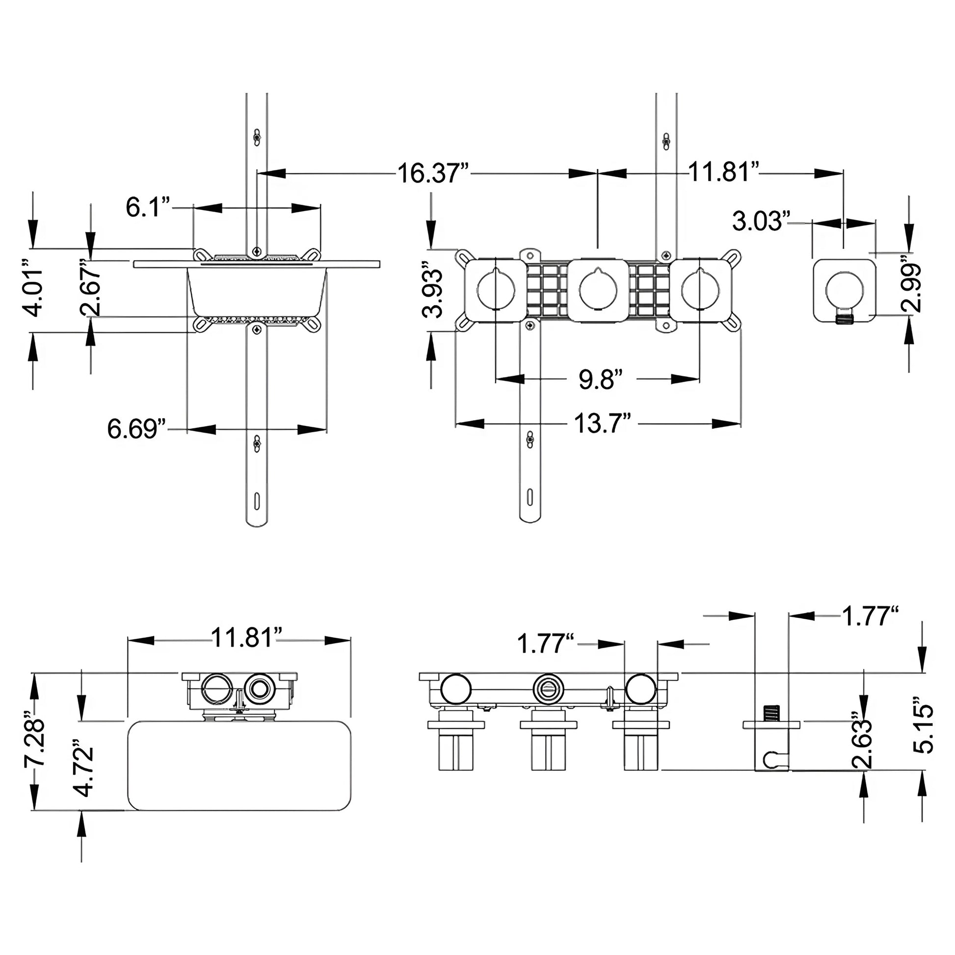 Fontana Ocana Three Handle Wall Mounted Matte Black Bathtub Faucet