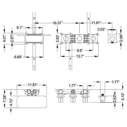Fontana Ocana Three Handle Wall Mounted Matte Black Bathtub Faucet