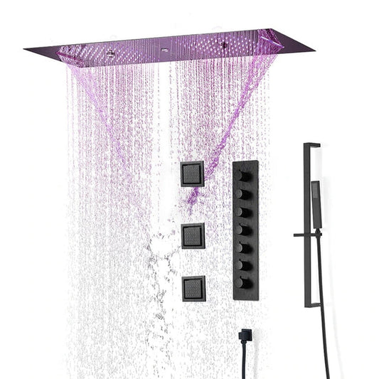 Fontana Pescara Matte Black Recessed Ceiling Mount Luxurious Touch Panel Controlled Thermostatic LED Musical Rainfall Waterfall Mist Shower System With Hand Shower and 3-Jet Body Sprays