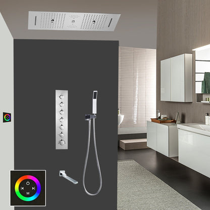 Fontana Rimini Creative Luxury Chrome Recessed Ceiling Mounted LED Musical & Touch Panel Controlled Thermostatic Waterfall, Rainfall, Water Column & Mist Shower System With Hand Shower and Tub Spout