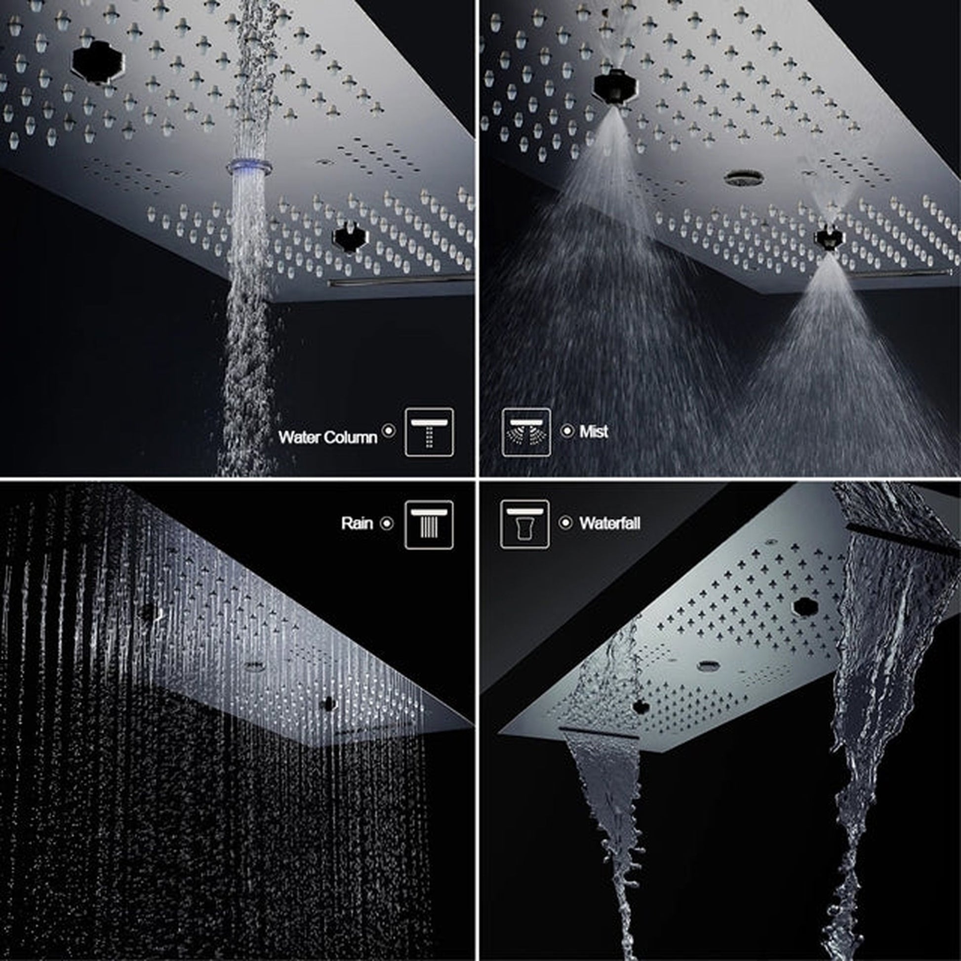 Fontana Rimini Creative Luxury Chrome Recessed Ceiling Mounted LED Musical & Touch Panel Controlled Thermostatic Waterfall, Rainfall, Water Column & Mist Shower System With Hand Shower and Tub Spout