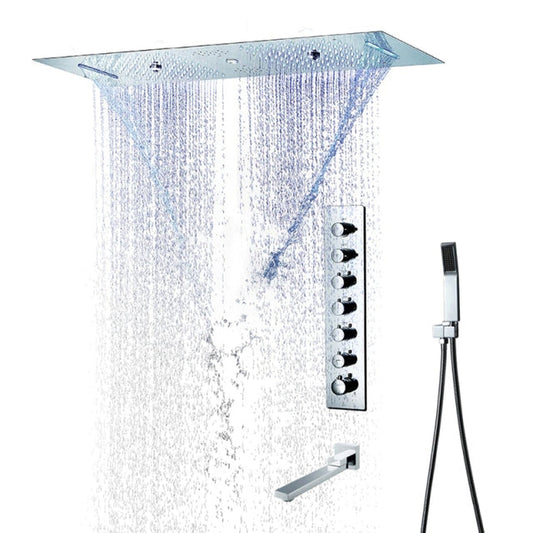 Fontana Rimini Creative Luxury Chrome Recessed Ceiling Mounted LED Musical & Touch Panel Controlled Thermostatic Waterfall, Rainfall, Water Column & Mist Shower System With Hand Shower and Tub Spout