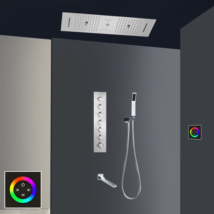 Fontana Rimini Creative Luxury Chrome Recessed Ceiling Mounted LED Musical & Touch Panel Controlled Thermostatic Waterfall, Rainfall, Water Column & Mist Shower System With Hand Shower and Tub Spout