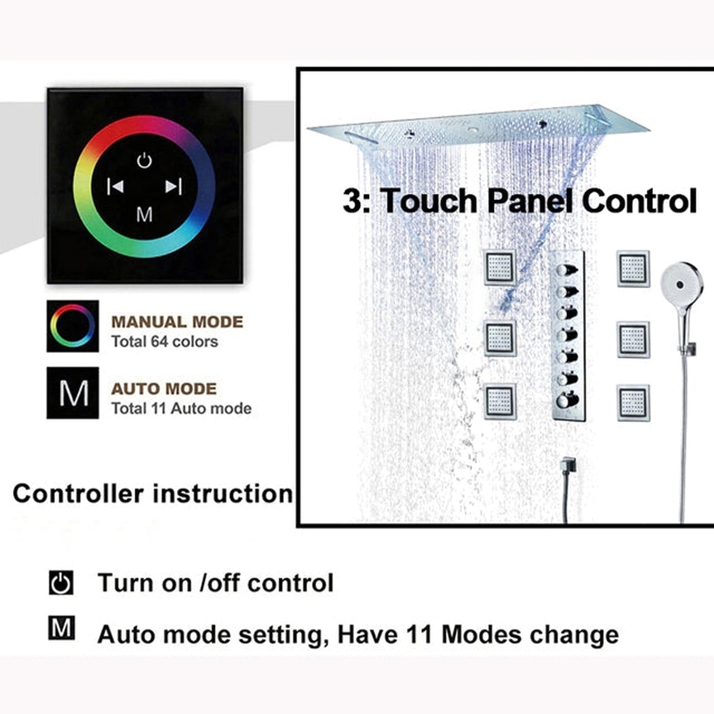 Fontana Rimini Creative Luxury Chrome Recessed Ceiling Mounted LED Musical & Touch Panel Controlled Thermostatic Waterfall, Rainfall, Water Column & Mist Shower System With Hand Shower and Tub Spout