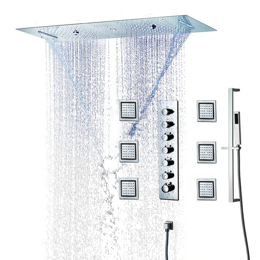 Fontana Trieste Creative Luxury Chrome Recessed Ceiling Mounted LED Musical Thermostatic Phone Controlled Waterfall, Rainfall, Water Column & Mist Shower System With 6-Jet Body Sprays and Hand Shower