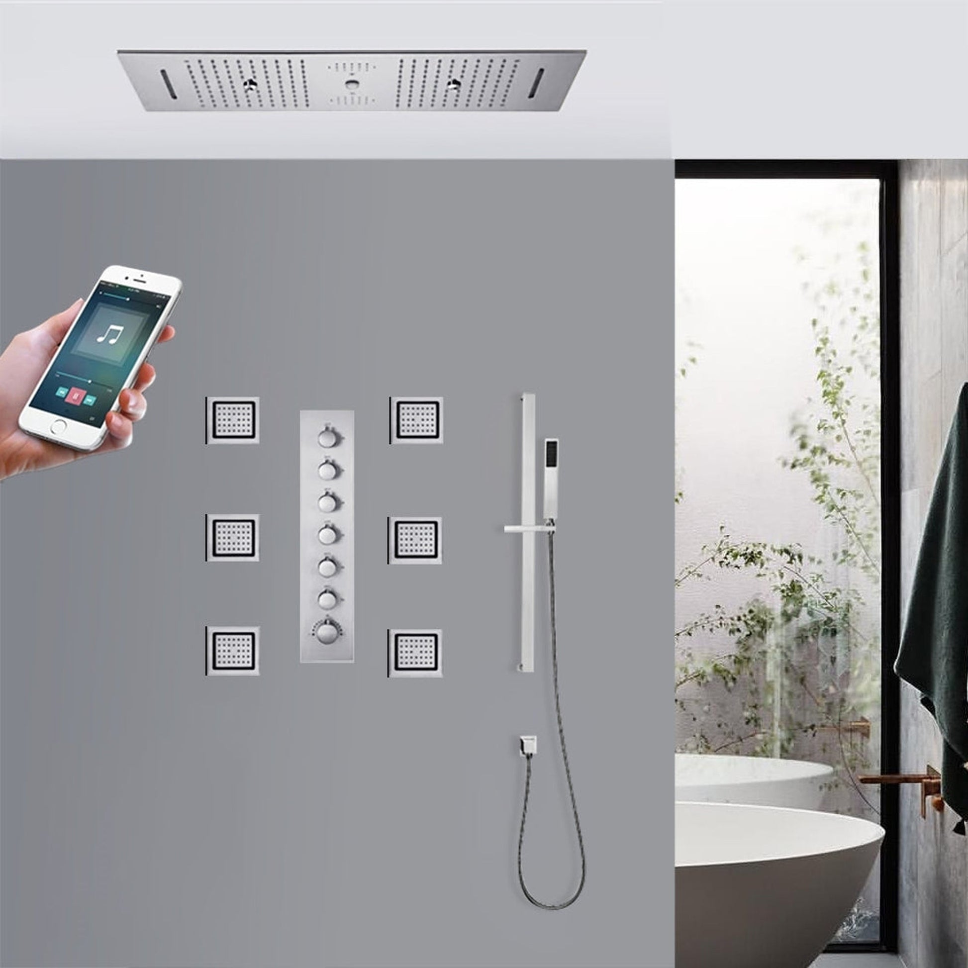 Fontana Trieste Creative Luxury Chrome Recessed Ceiling Mounted LED Musical Thermostatic Phone Controlled Waterfall, Rainfall, Water Column & Mist Shower System With 6-Jet Body Sprays and Hand Shower