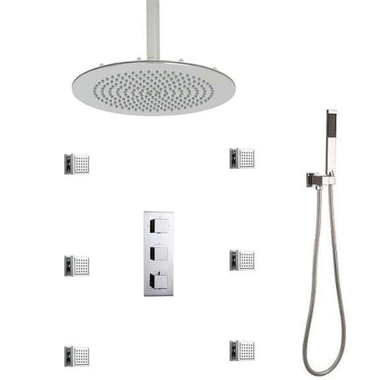 FontanaShowers Atlantic Creative Luxury 12" Large Chrome Round Ceiling Mounted Massage Shower System With Water Powered LED Lights, 6-Jet Body Sprays, and Hand Shower