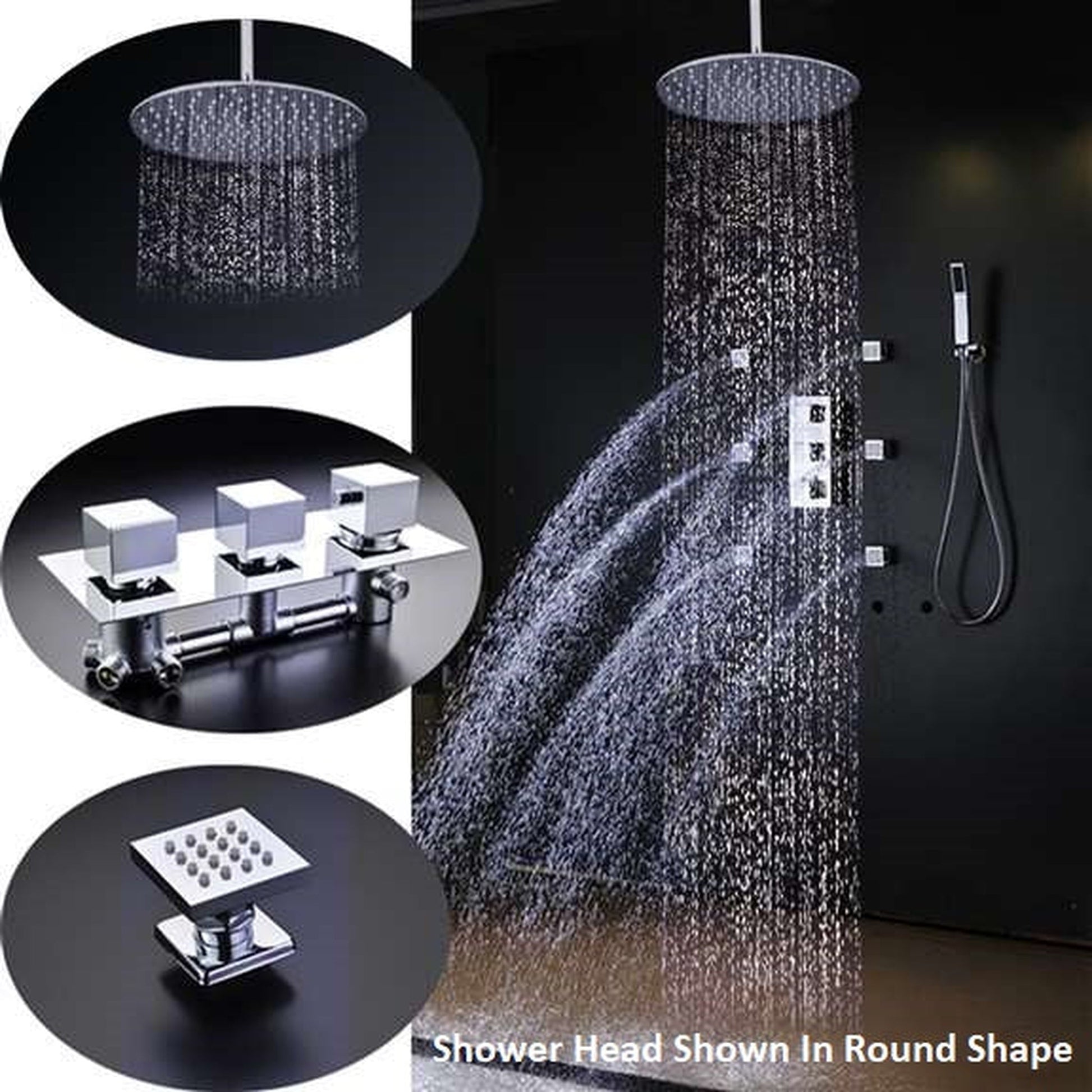 FontanaShowers Atlantic Creative Luxury 12" Large Chrome Square Ceiling Mounted Massage Shower System With Water Powered LED Lights, 6-Jet Body Spray and Hand Shower