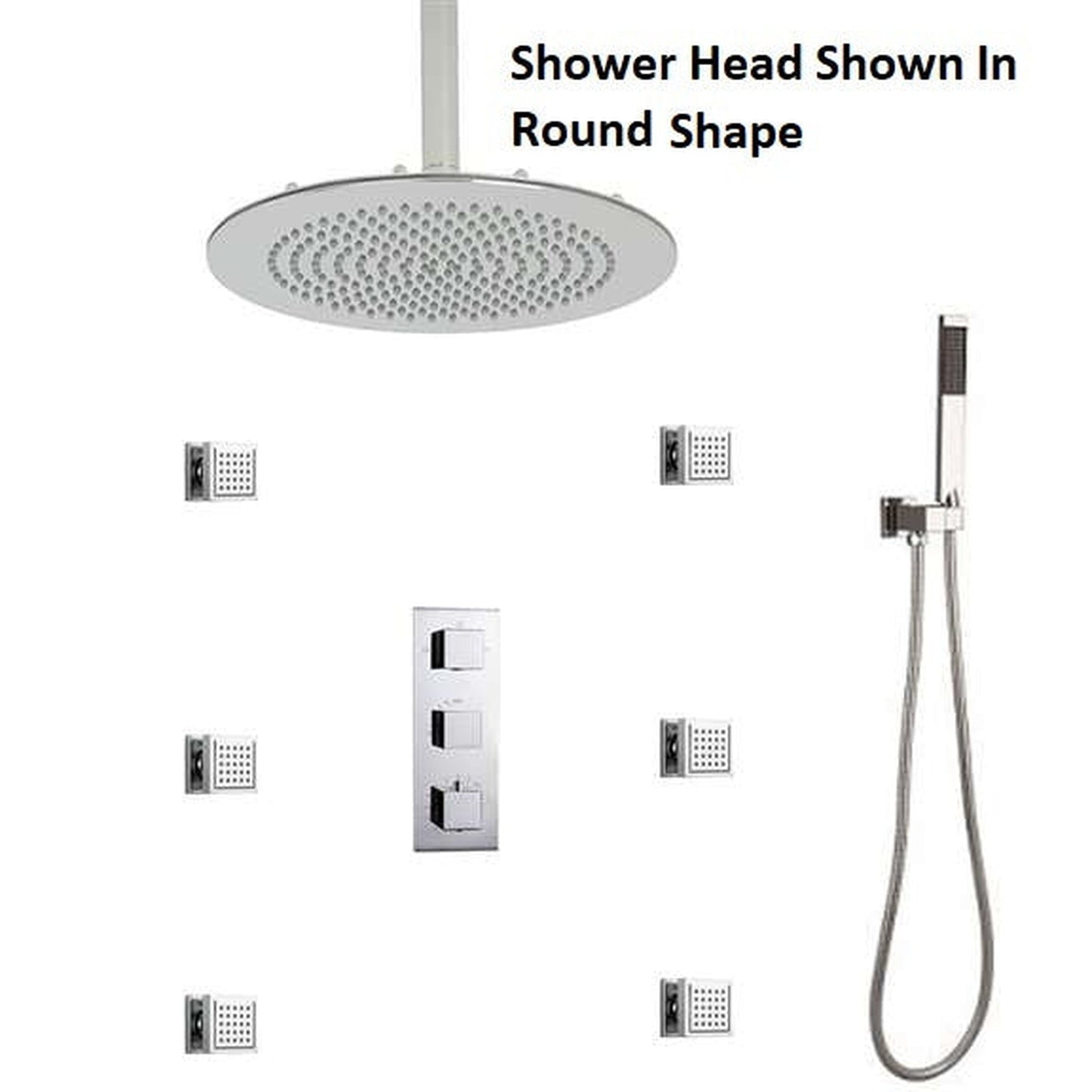 FontanaShowers Atlantic Creative Luxury 12" Large Chrome Square Ceiling Mounted Massage Shower System With Water Powered LED Lights, 6-Jet Body Spray and Hand Shower