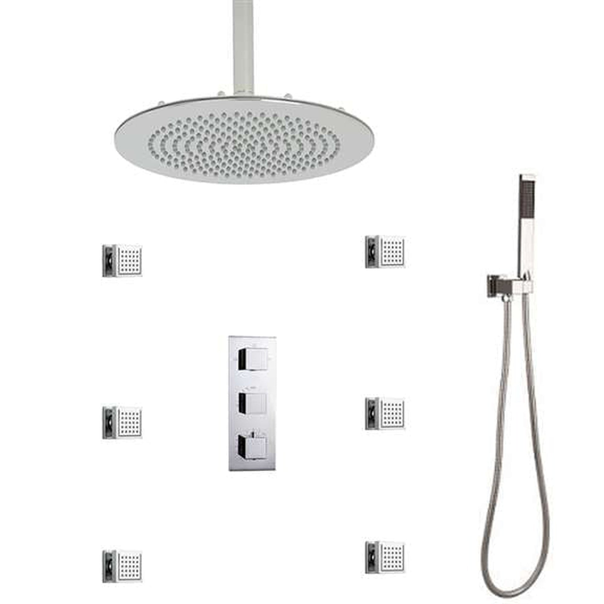 FontanaShowers Atlantic Creative Luxury 16" Large Chrome Round Ceiling Mounted Shower System Without Water Powered LED Lights, 6-Jet Body Spray and Hand Shower