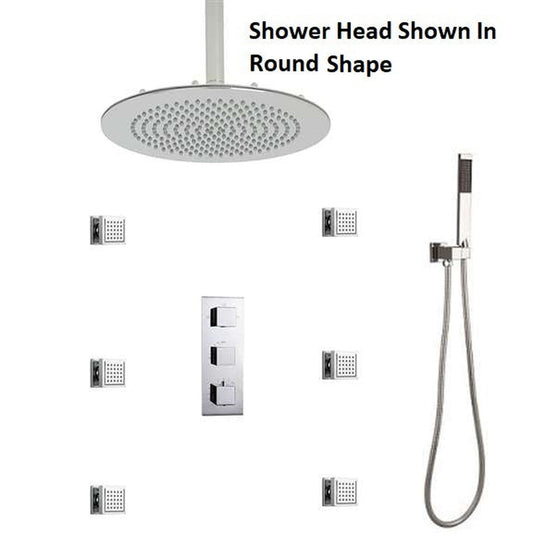 FontanaShowers Atlantic Creative Luxury 16" Large Chrome Square Ceiling Mounted Massage Shower System Without Water Powered LED Lights, 6-Jet Body Sprays and Hand Shower