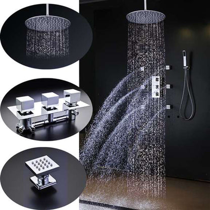 FontanaShowers Atlantic Creative Luxury 20" Large Chrome Round Ceiling Mounted Massage Shower System With Water Powered LED Lights, 6-Jet Body Sprays and Hand Shower