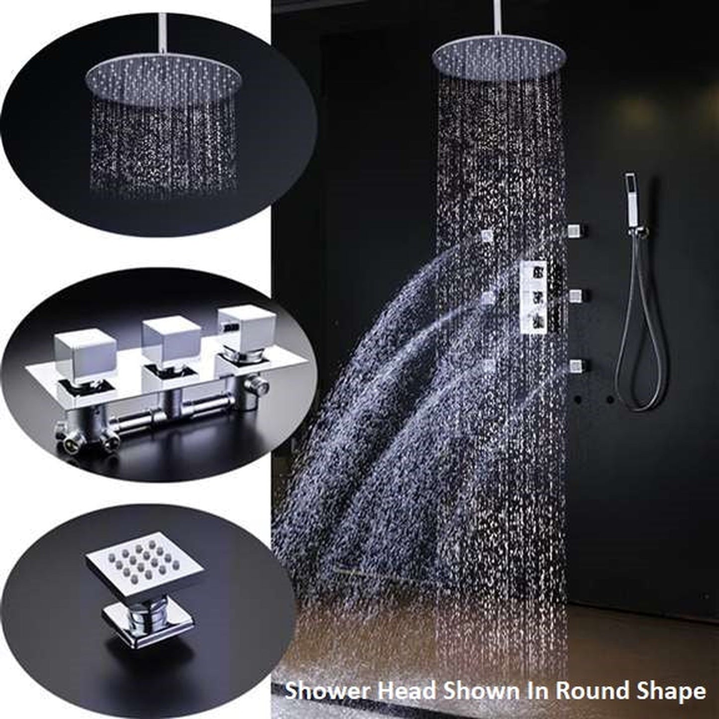 FontanaShowers Atlantic Creative Luxury 24" Large Chrome Square Ceiling Mounted Massage Shower System With Water Powered LED Lights, 6-Jet Body Spray and Hand Shower