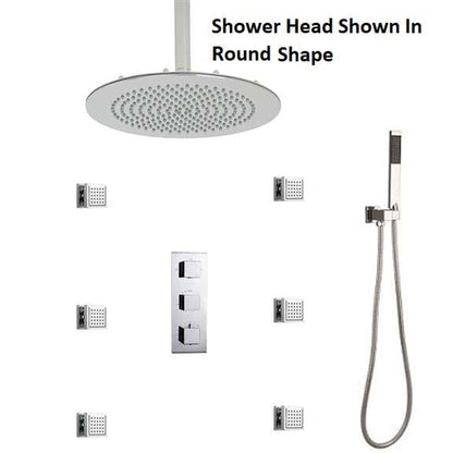 FontanaShowers Atlantic Creative Luxury 24" Large Chrome Square Ceiling Mounted Massage Shower System With Water Powered LED Lights, 6-Jet Body Spray and Hand Shower