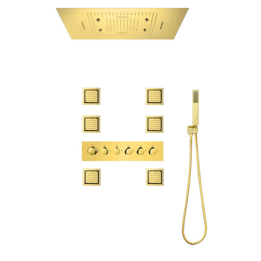 FontanaShowers Benevento Creative Luxury Gold Recessed Ceiling Mounted LED Musical Thermostatic Phone Controlled Waterfall, Rainfall & Mist Shower System With 6-Jet Body Sprays and Hand Shower