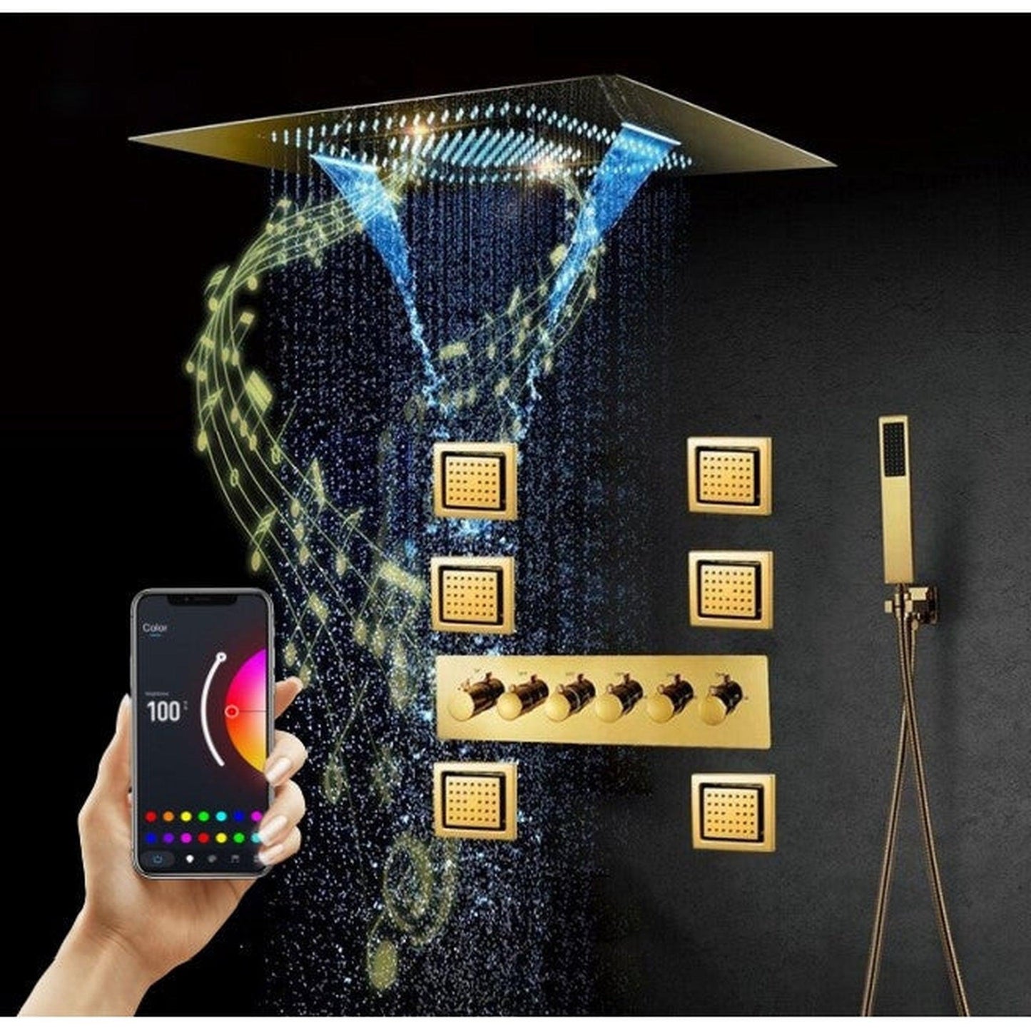 FontanaShowers Benevento Creative Luxury Gold Recessed Ceiling Mounted LED Musical Thermostatic Phone Controlled Waterfall, Rainfall & Mist Shower System With 6-Jet Body Sprays and Hand Shower