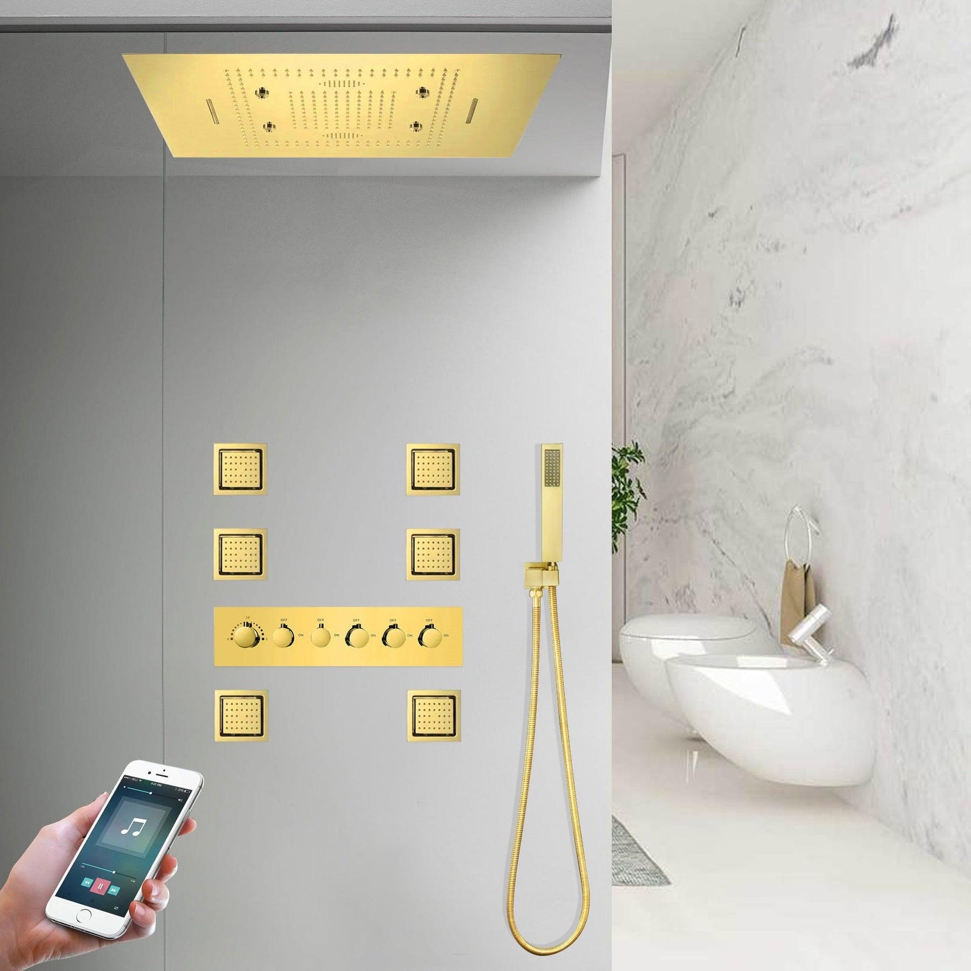 FontanaShowers Benevento Creative Luxury Gold Recessed Ceiling Mounted LED Musical Thermostatic Phone Controlled Waterfall, Rainfall & Mist Shower System With 6-Jet Body Sprays and Hand Shower
