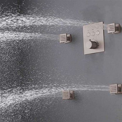 FontanaShowers Creative Luxury 20" Brushed Nickel Square Ceiling Mounted Rainfall Shower System With Thermostat Mixer, 6-Jet Body Sprays And Hand Shower