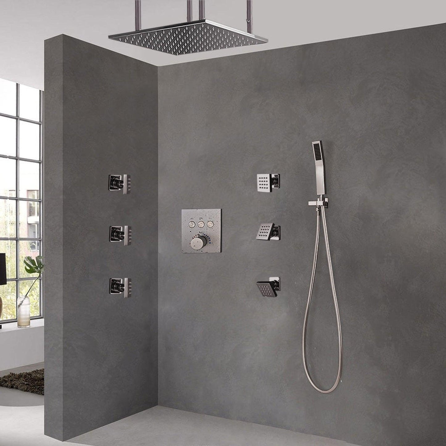 FontanaShowers Creative Luxury 20" Brushed Nickel Square Ceiling Mounted Rainfall Shower System With Thermostat Mixer, 6-Jet Body Sprays And Hand Shower
