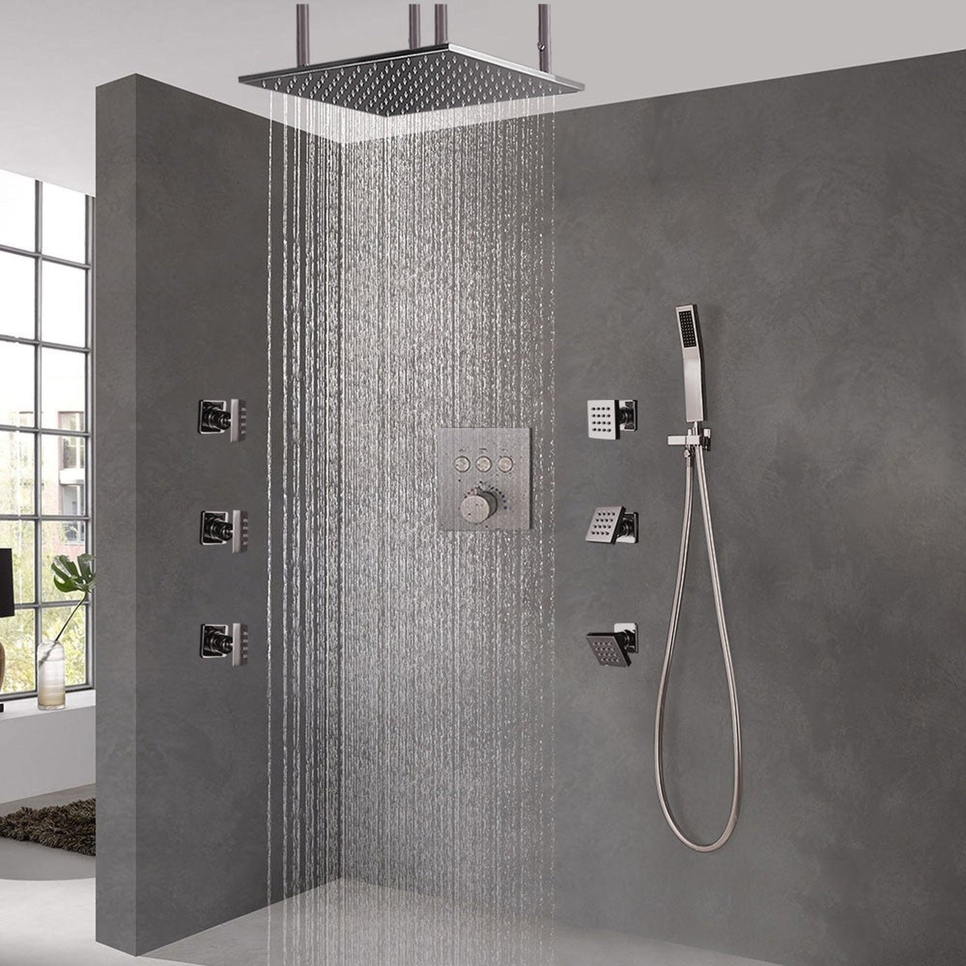 FontanaShowers Creative Luxury 20" Brushed Nickel Square Ceiling Mounted Rainfall Shower System With Thermostat Mixer, 6-Jet Body Sprays And Hand Shower