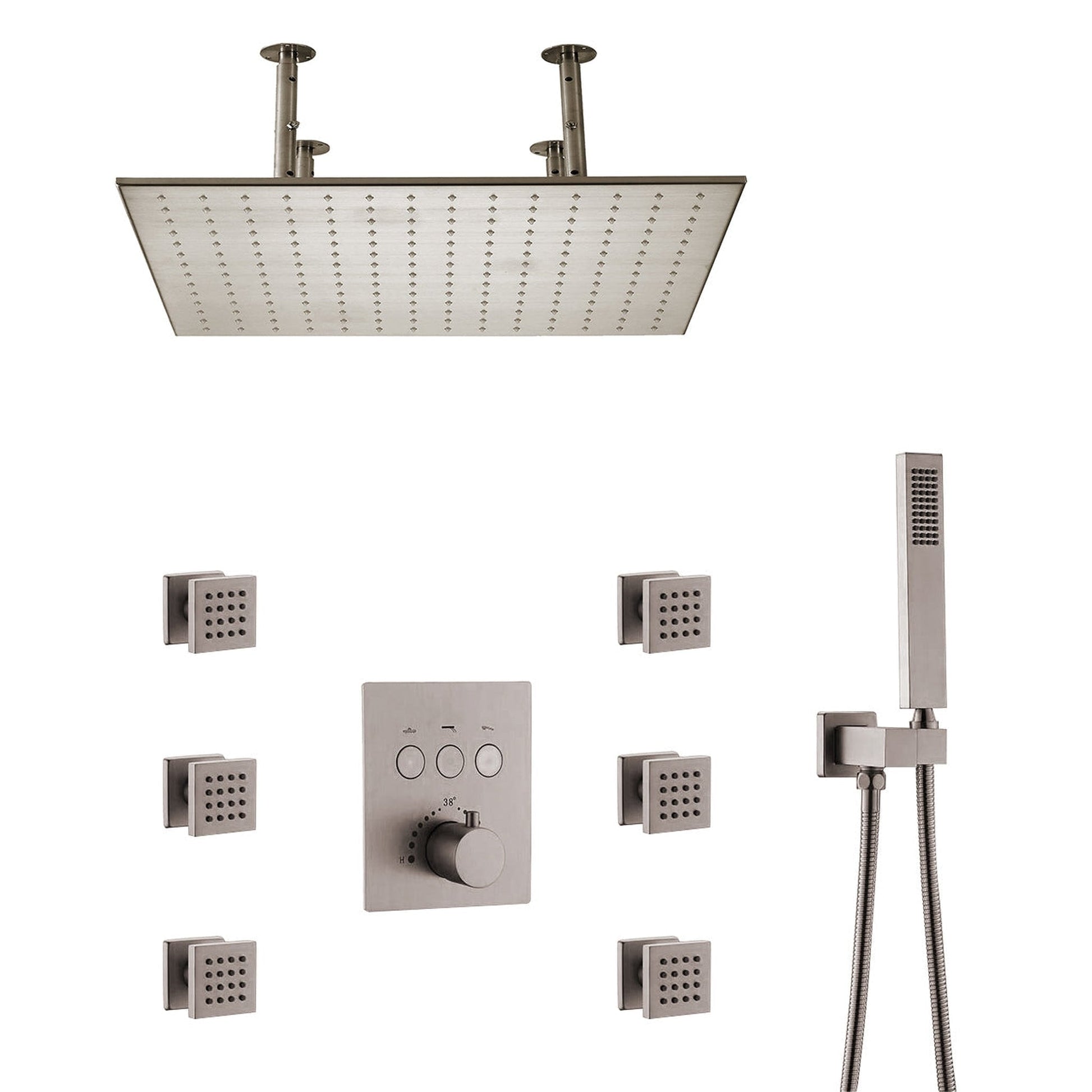 FontanaShowers Creative Luxury 20" Brushed Nickel Square Ceiling Mounted Rainfall Shower System With Thermostat Mixer, 6-Jet Body Sprays And Hand Shower