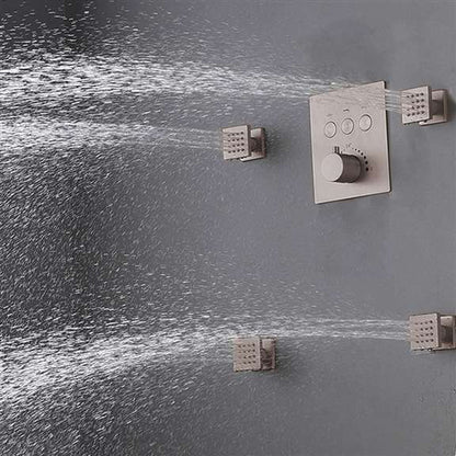 FontanaShowers Creative Luxury 24" Brushed Nickel Square Ceiling Mounted Rainfall Shower System With Thermostat Mixer, 6-Jet Body Sprays and Hand Shower