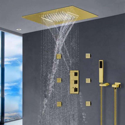 FontanaShowers Creative Luxury Gold Recessed Ceiling Mounted Color Changing Water Powered LED Shower System With Adjustable 6-Jet Body Sprays and Hand Shower